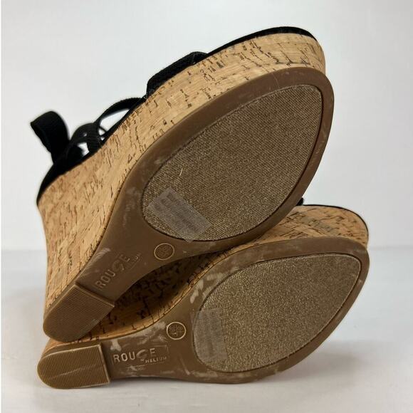 Rouge 8.5 Black Strappy Sling-back Stretch Cork Platform Wedge Women's Shoes - Picture 9 of 9